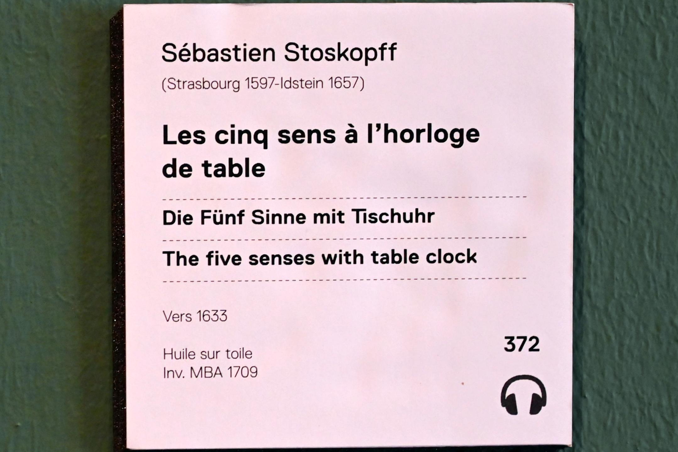 Sebastian Stoskopff (1620–1645), Die fünf Sinne mit Tischuhr, Straßburg, Musée de l’Œuvre Notre-Dame (Frauenhausmuseum), um 1633, Bild 2/2