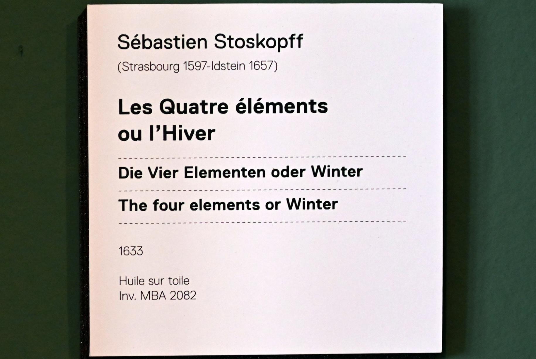 Sebastian Stoskopff (1620–1645), Die vier Elemente oder Der Winter, Straßburg, Musée de l’Œuvre Notre-Dame (Frauenhausmuseum), 1633, Bild 2/2