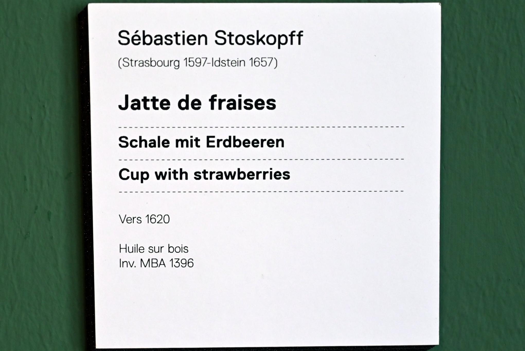 Sebastian Stoskopff (1620–1645), Stillleben mit Erdbeerschale, Straßburg, Musée de l’Œuvre Notre-Dame (Frauenhausmuseum), um 1620, Bild 2/2
