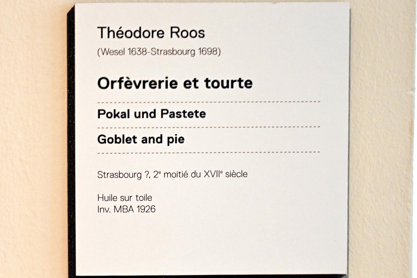Theodor Roos (1698), Stillleben mit Pokal und Pastete, Straßburg, Musée de l’Œuvre Notre-Dame (Frauenhausmuseum), 2. Hälfte 17. Jhd., Bild 2/2