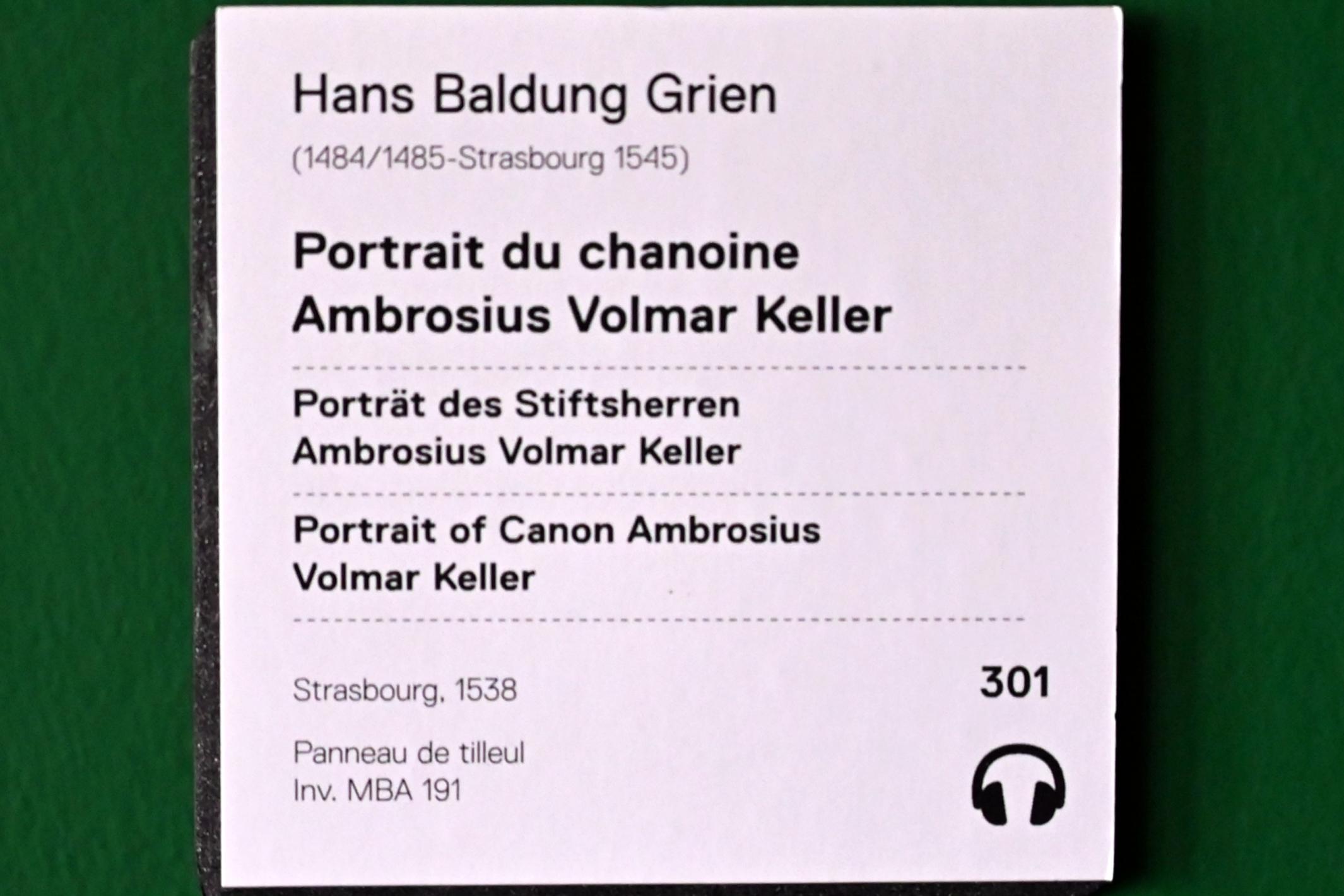 Hans Baldung Grien (1500–1544), Porträt des Stiftsherrn Ambrosius Volmar Keller, Straßburg, Musée de l’Œuvre Notre-Dame (Frauenhausmuseum), 1538, Bild 2/2