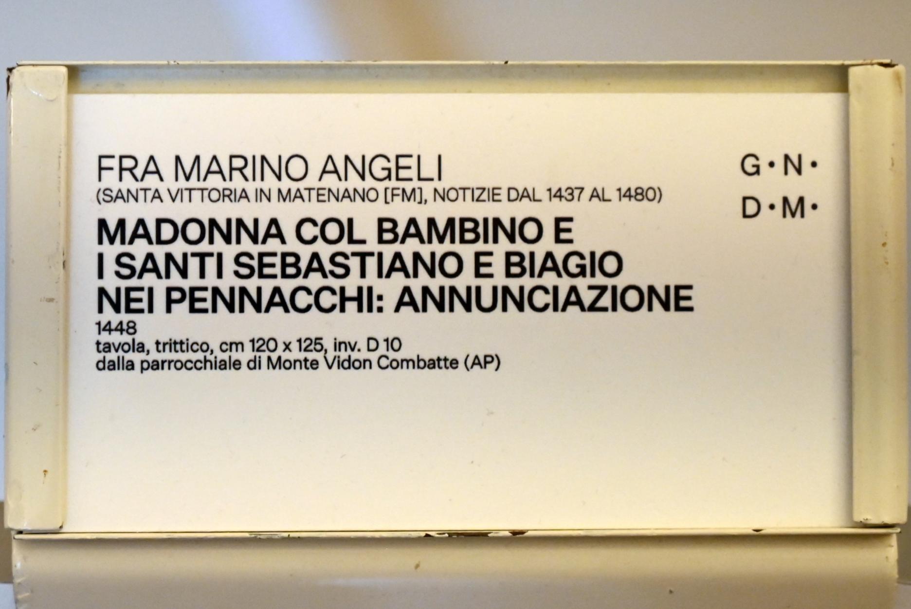 Fra Marino Angeli (1448), Thronende Maria mit Kind zwischen den heiligen Sebastian und Blasius, Monte Vidon Combatte, Chiesa Parrocchiale di San Biagio, jetzt Urbino, Galleria Nazionale delle Marche, Saal 5, 1448, Bild 2/2