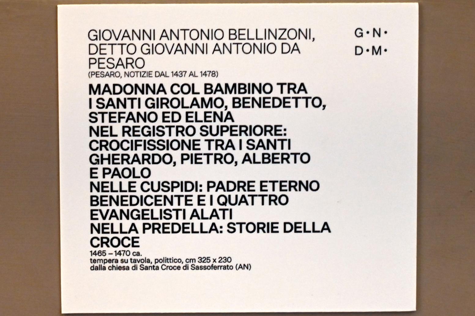 Giovanni Antonio Bellinzoni da Pesaro (1465–1474), Thronende Maria mit Kind und Heiligen, Sassoferrato, Abtei Heilig Kreuz, jetzt Urbino, Galleria Nazionale delle Marche, Saal 6, um 1465–1470, Bild 2/2