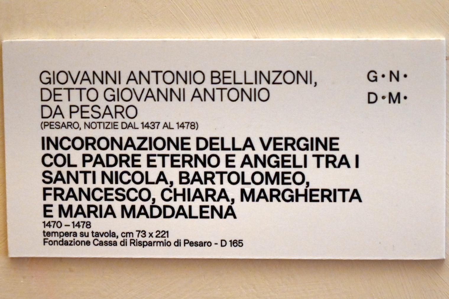 Giovanni Antonio Bellinzoni da Pesaro (1465–1474), Marienkrönung zwischen Heiligen, Urbino, Galleria Nazionale delle Marche, Saal 6, 1470–1478, Bild 2/2
