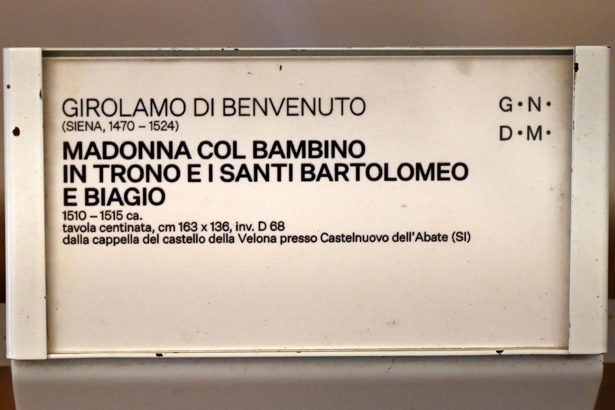 Girolamo di Benvenuto (Girolamo del Guasta) (1500–1512), Thronende Maria mit Kind und den heiligen Bartholomäus und Blasius, Castelnuovo dell'Abate, Castella della Velona, jetzt Urbino, Galleria Nazionale delle Marche, Saal 7, um 1510–1515, Bild 2/2