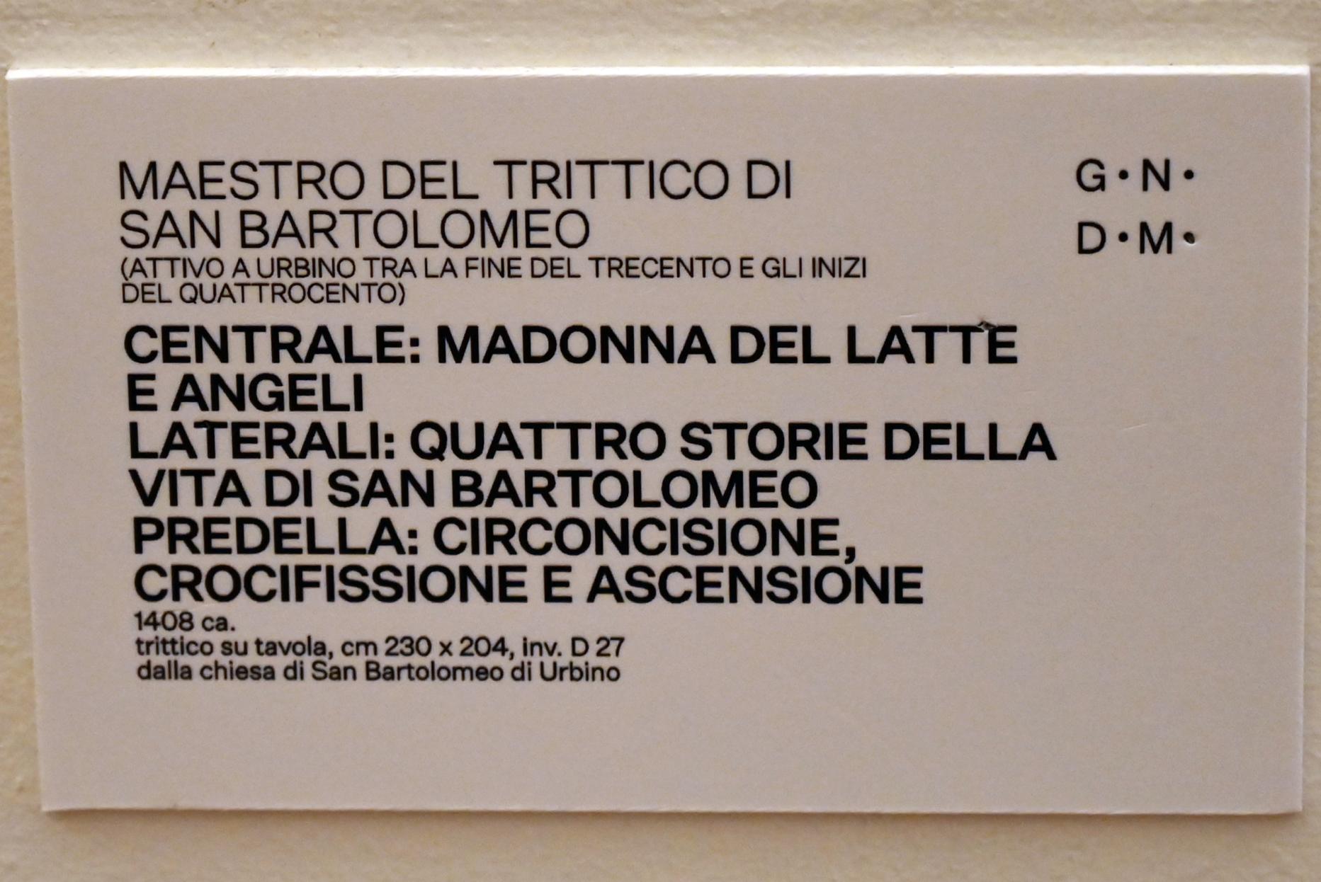 Maestro del trittico di San Bartolomeo (1406–1408), Stillende Gottesmutter zwischen Szenen aus dem Leben des Heiligen Bartholomäus, Urbino, Chiesa di San Bartolomeo, jetzt Urbino, Galleria Nazionale delle Marche, Saal 11, um 1408, Bild 2/2