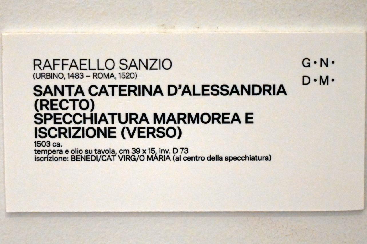Raffael (Raffaello Sanzio da Urbino, Raffaello Santi) (1501–1519), Marmormaserung und Inschrift, Urbino, Galleria Nazionale delle Marche, Saal 24, um 1503, Bild 2/2