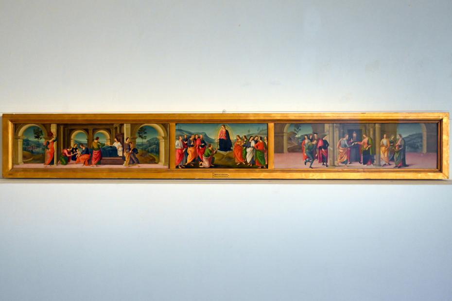 Berto di Giovanni (1506–1524), Mariä Geburt, Übergabe des Heiligen Gürtels, Vermählung Mariens, Montone, Chiesa di San Francesco, jetzt Urbino, Galleria Nazionale delle Marche, Saal 24, 1506–1507