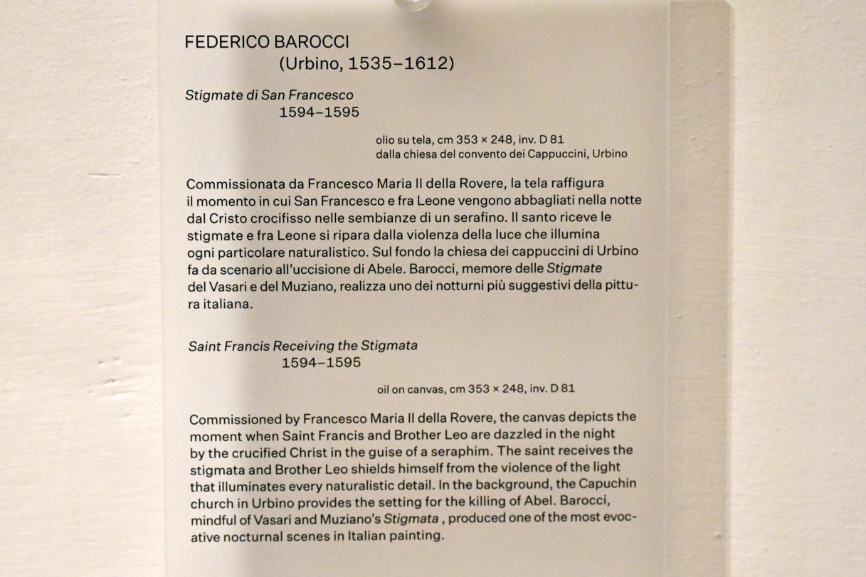 Federico Barocci (1557–1612), Stigmatisation des Hl. Franziskus, Urbino, Kapuzinerkloster, jetzt Urbino, Galleria Nazionale delle Marche, Obergeschoß Saal 1, 1594–1595, Bild 2/2