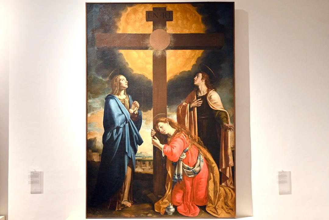 Giovanni Francesco Guerrieri (1612–1652): Jungfrau Maria, Evangelist Johannes und Maria Magdalena in Anbetung des Kreuzes, 1614–1618