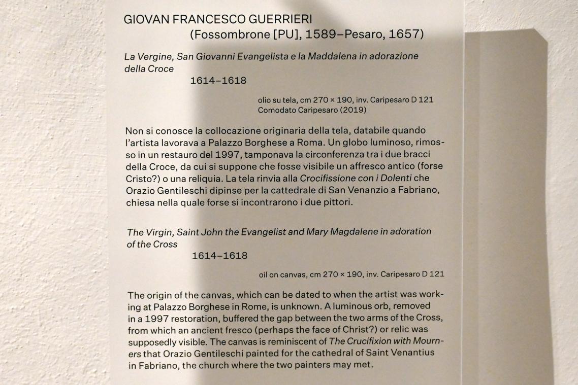 Giovanni Francesco Guerrieri (1612–1652), Jungfrau Maria, Evangelist Johannes und Maria Magdalena in Anbetung des Kreuzes, Urbino, Galleria Nazionale delle Marche, Obergeschoß Saal 3, 1614–1618, Bild 2/2