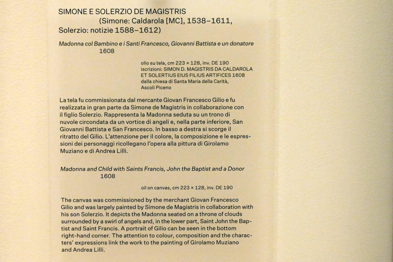 Simone De Magistris (1608), Maria mit Kind, Franziskus, Johannes der Täufer und einem Stifter, Ascoli Piceno, Chiesa di Santa Maria della Carità, jetzt Urbino, Galleria Nazionale delle Marche, Obergeschoß Saal 9, 1608, Bild 2/2