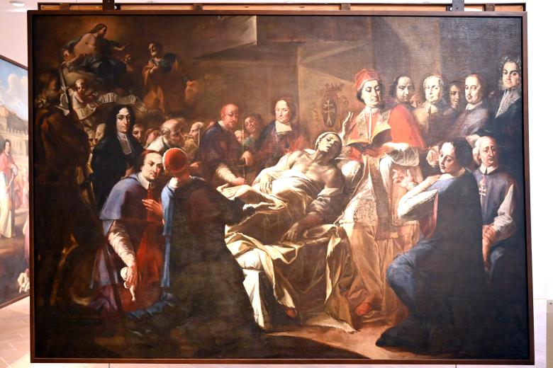 Pier Leone Ghezzi (1708–1710), Papst Clemens XI. am Sterbebett eines Mannes, Castel Gandolfo, Päpstlicher Palast, jetzt Urbino, Galleria Nazionale delle Marche, Obergeschoß Saal 15, um 1710
