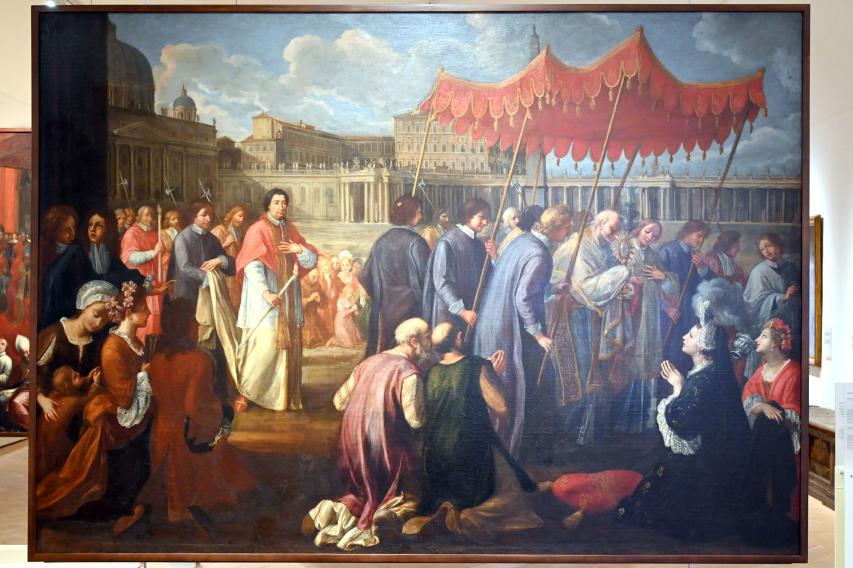 Andrea Pasqualino Marini (1710), Papst Clemens XI. folgt der Fronleichnamsprozession auf dem Petersplatz, Castel Gandolfo, Päpstlicher Palast, jetzt Urbino, Galleria Nazionale delle Marche, Obergeschoß Saal 15, um 1710