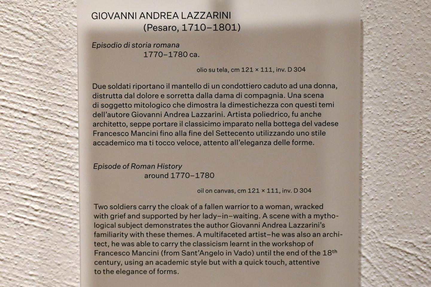 Giovanni Andrea Lazzarini (1768–1775), Szene aus der römischen Geschichte, Urbino, Galleria Nazionale delle Marche, Obergeschoß Saal 15, um 1770–1780, Bild 2/2