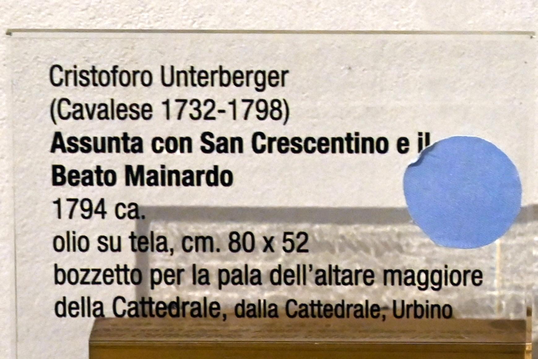 Christopher (Cristoforo) Unterberger (1777–1794), Mariä Himmelfahrt mit dem heiligen Crescentino di Città di Castello und dem seligen Mainardo, Urbino, Kathedralbasilika Mariä Himmelfahrt, jetzt Urbino, Diözesanmuseum Albani, Saal 1, um 1794, Bild 2/2