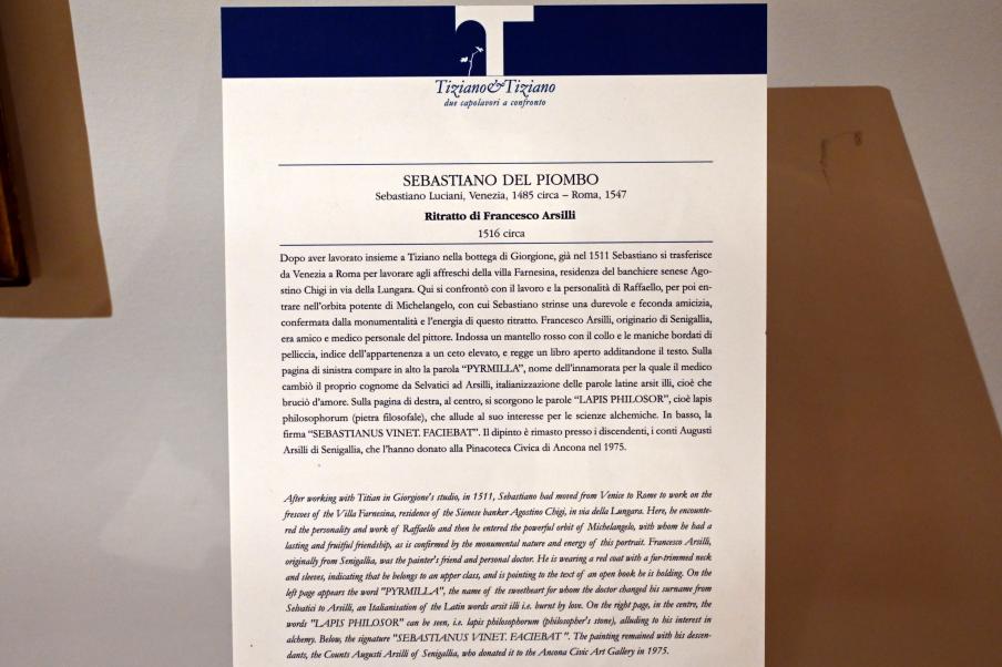 Sebastiano del Piombo (1507–1525), Porträt des Francesco Arsilli, Ancona, Pinacoteca civica Francesco Podesti, Obergeschoss Saal 4, um 1516, Bild 2/2