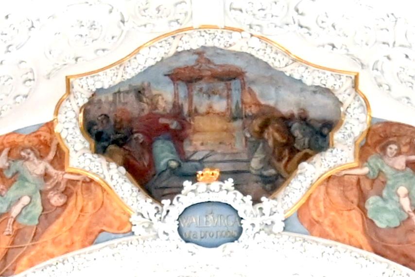 Vitus Greittmann (1741), Deckenfresko Thron unter einem Baldachin mit einem Bischof und einem Adligem jeweils mit Gefolge, Eichstätt, Benediktinerinnen-Abtei, Klosterkirche St. Walburg, Undatiert