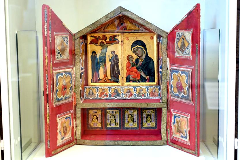 Reliquienschrein mit Kreuzigung, Maria mit Kind und Heiligen, Gubbio, Pinacoteca Comunale im Palazzo dei Consoli, Obergeschoss Saal 1, 1. Hälfte 14. Jhd.