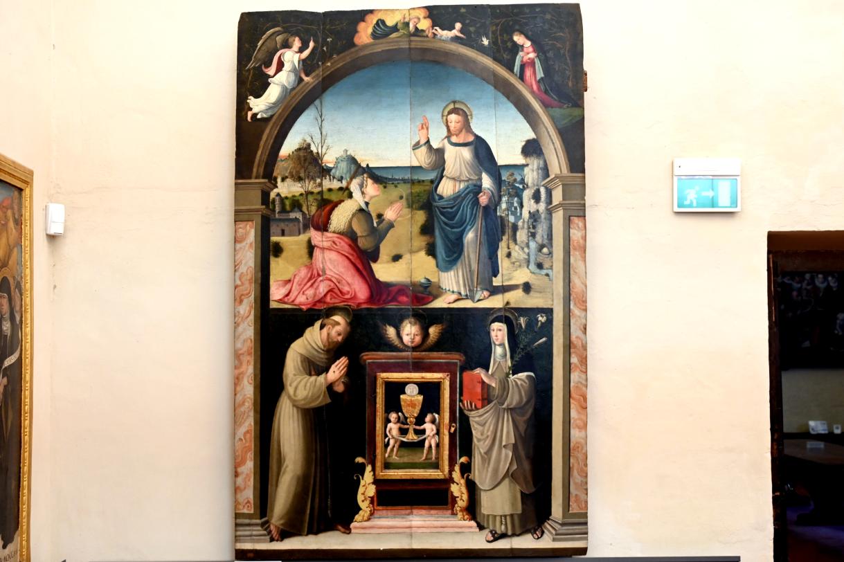 Girolamo Genga (1503–1551), Noli me tangere und ein Tabernakel zwischen den heiligen Franziskus und Klara, Gubbio, Pinacoteca Comunale im Palazzo dei Consoli, Obergeschoss Saal 2, 1. Hälfte 16. Jhd.