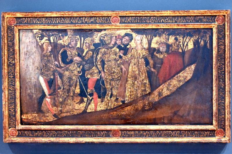 Maestro della Charitas bentivogliesca (1485–1495), Achilles nimmt Briseis als Sklavin und Geliebte, Gubbio, Museum im Palazzo Ducale, Saal 1, um 1490–1500, Bild 1/2