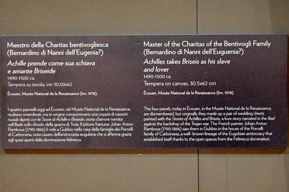 Maestro della Charitas bentivogliesca (1485–1495), Achilles nimmt Briseis als Sklavin und Geliebte, Gubbio, Museum im Palazzo Ducale, Saal 1, um 1490–1500, Bild 2/2