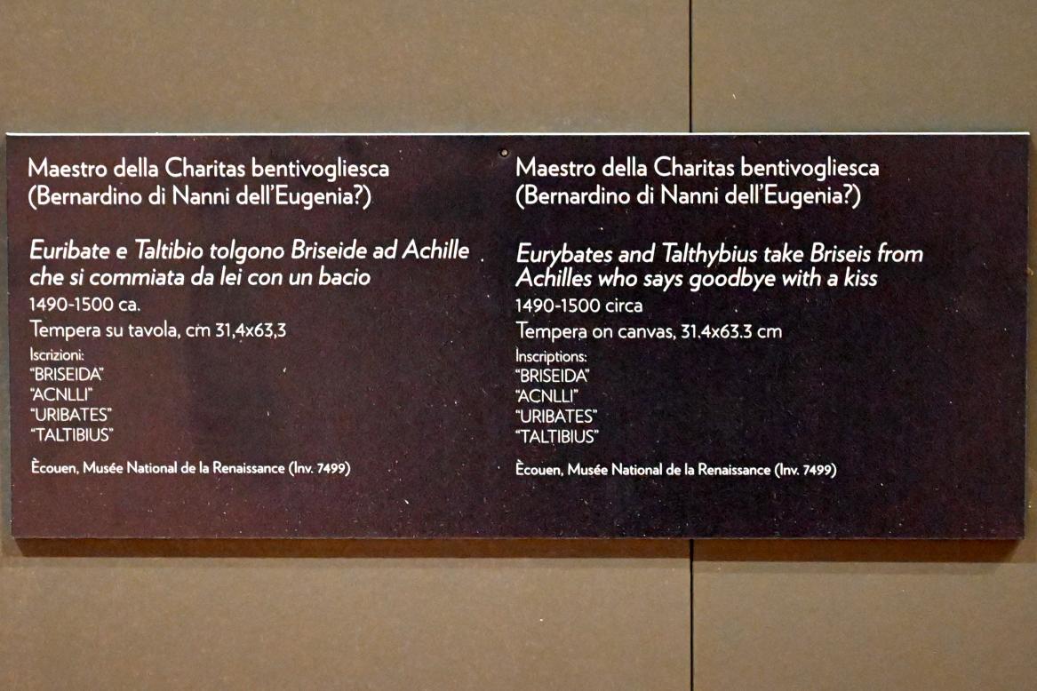 Maestro della Charitas bentivogliesca (1485–1495), Eurybates und Talthybios entreißen Briseis von Achilles, der sich von ihr mit einem Kuss verabschiedet, Gubbio, Museum im Palazzo Ducale, Saal 1, um 1490–1500, Bild 2/2