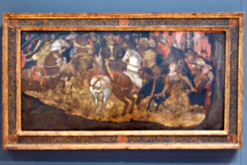 Maestro della Charitas bentivogliesca (1485–1495), Schlacht zwischen Achilles und Hektor unter den Mauern Trojas in Anwesenheit von Priamos, seiner Frau Hekabe und ihrer Tochter Polyxena, Gubbio, Museum im Palazzo Ducale, Saal 1, um 1490–1500