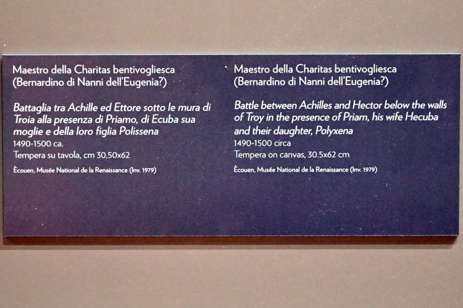 Maestro della Charitas bentivogliesca (1485–1495), Schlacht zwischen Achilles und Hektor unter den Mauern Trojas in Anwesenheit von Priamos, seiner Frau Hekabe und ihrer Tochter Polyxena, Gubbio, Museum im Palazzo Ducale, Saal 1, um 1490–1500, Bild 2/2