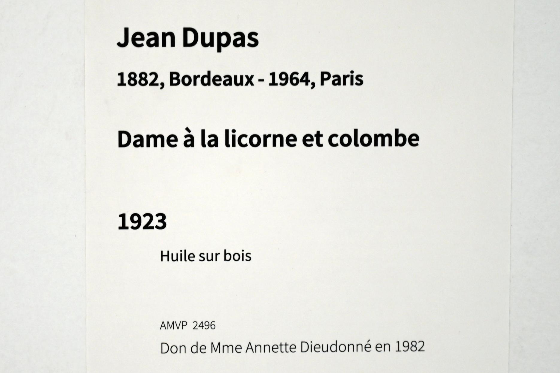 Jean Dupas (1923), Dame mit Einhorn und Taube, Paris, Musée d’art moderne de la Ville de Paris, Saal 2, 1923, Bild 2/2