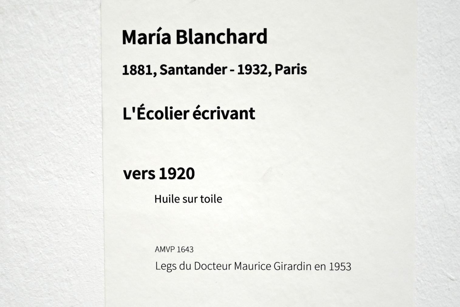 María Gutiérrez Blanchard (1917–1926), Schreibender Schüler, Paris, Musée d’art moderne de la Ville de Paris, Saal 5, um 1920, Bild 2/2