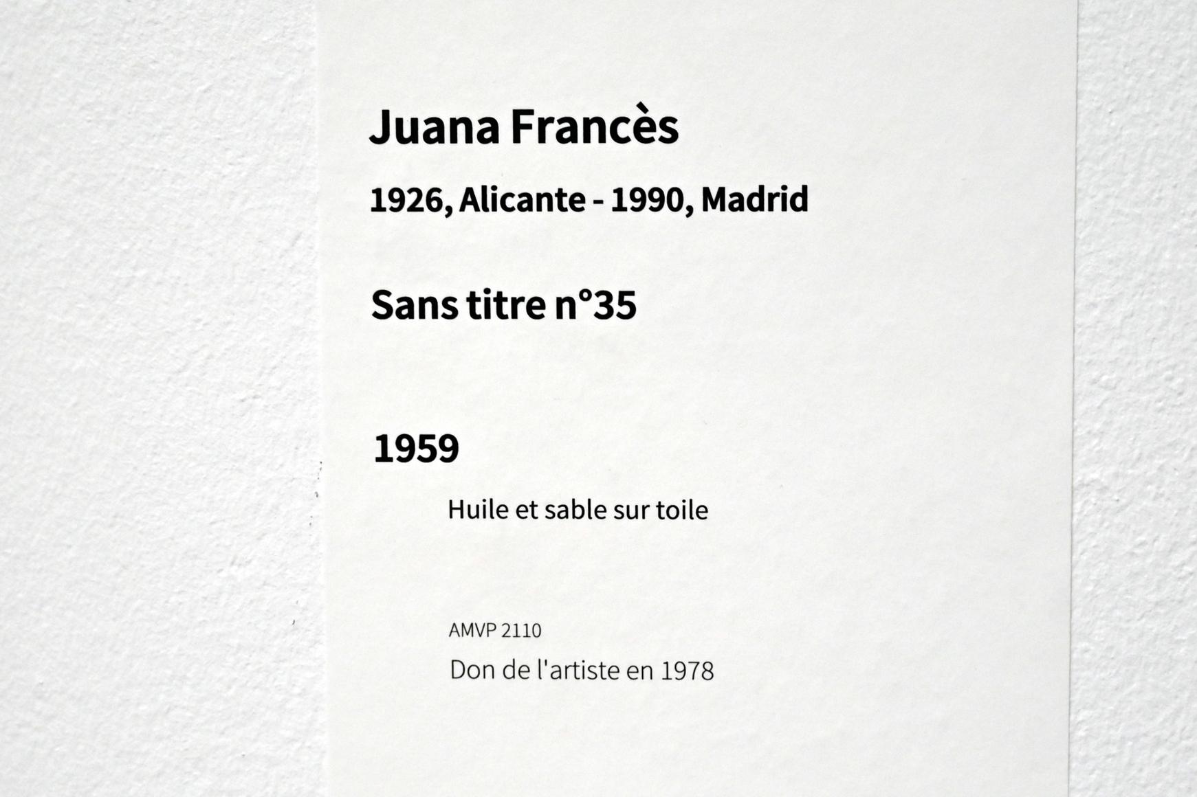 Juana Francés (1959), Ohne Titel Nr. 35, Paris, Musée d’art moderne de la Ville de Paris, Saal 7, 1959, Bild 2/2