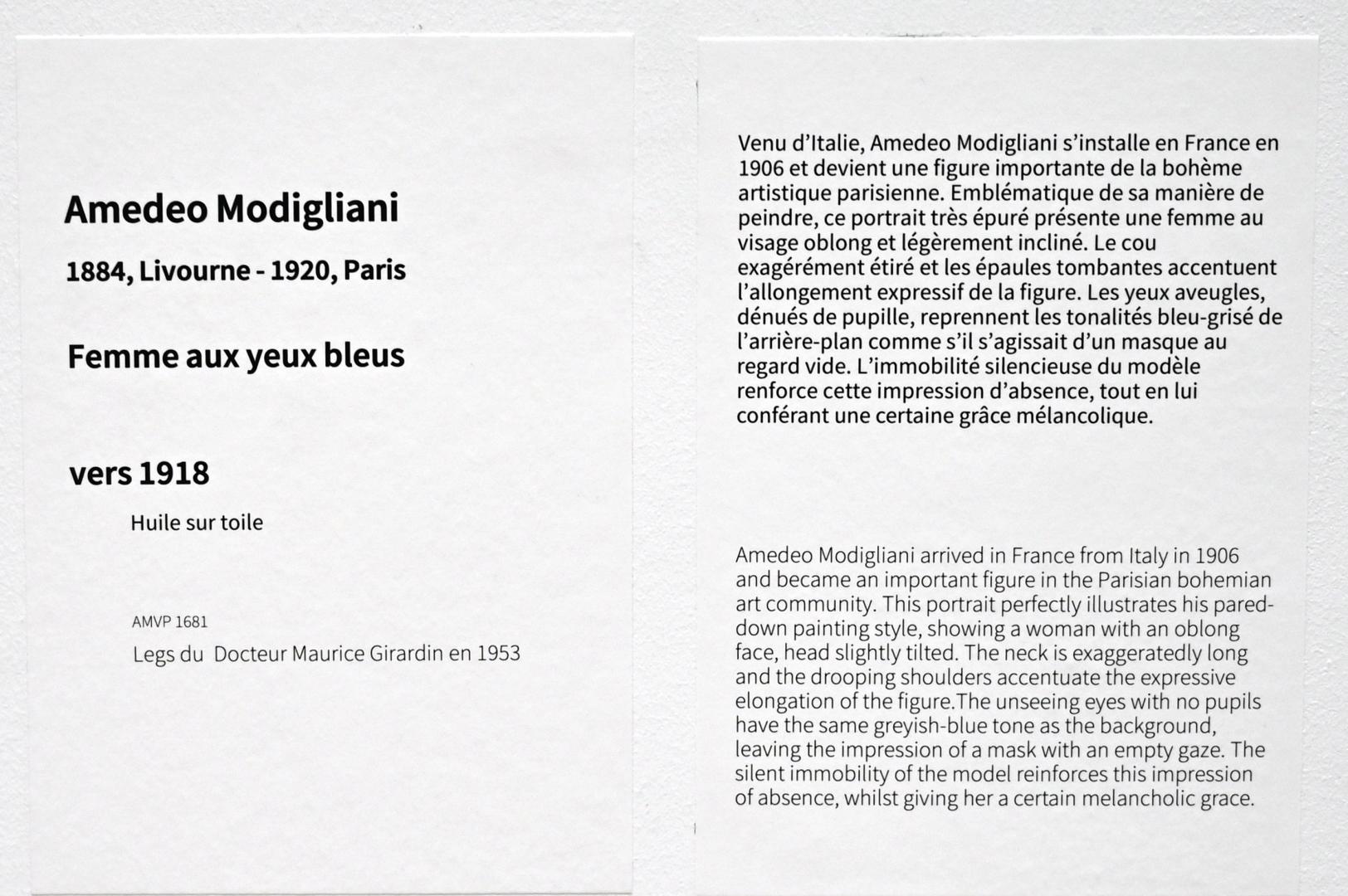 Amedeo Modigliani (1911–1918), Frau mit blauen Augen, Paris, Musée d’art moderne de la Ville de Paris, Saal 9, um 1918, Bild 2/2