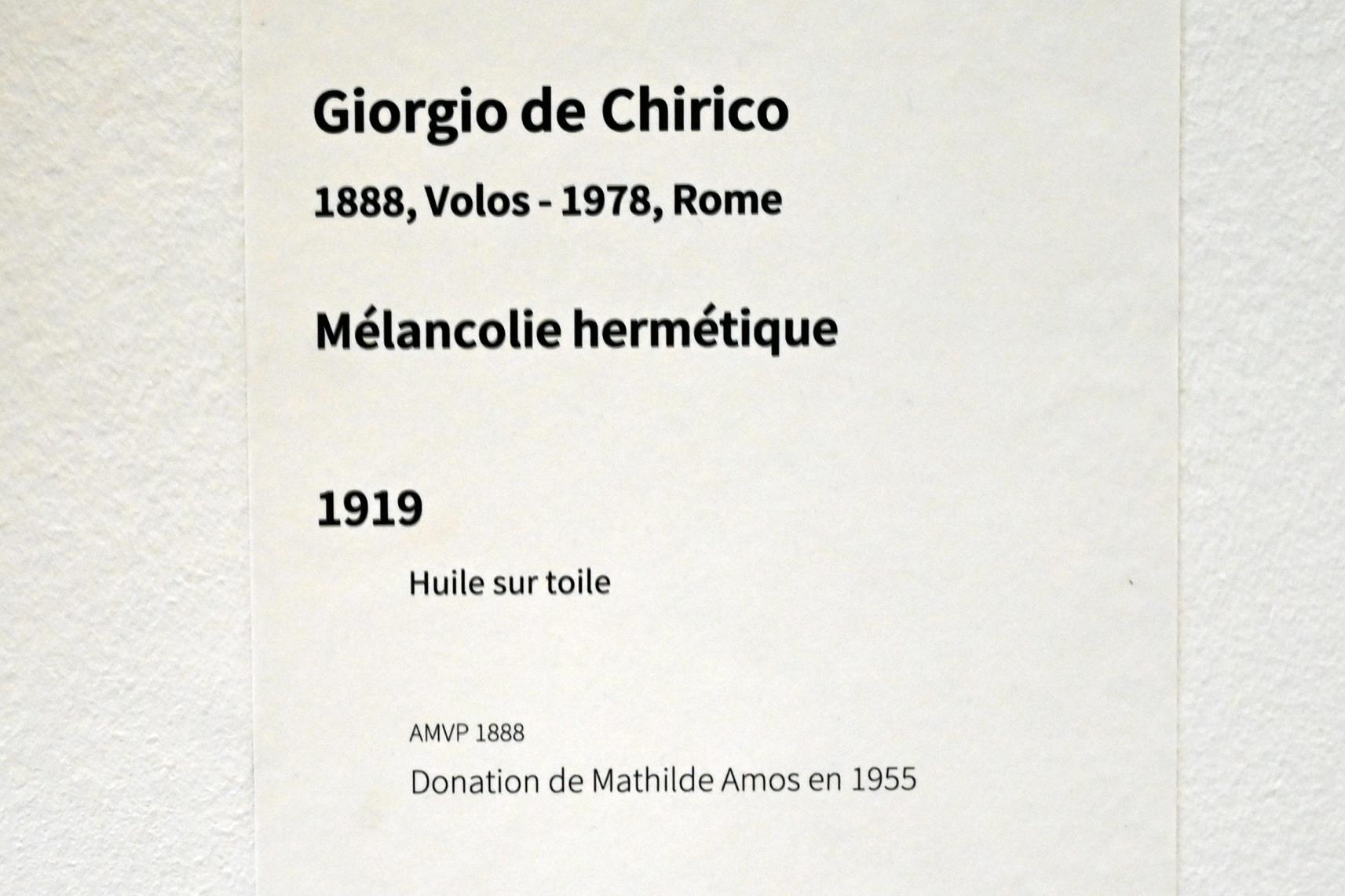 Giorgio de Chirico (1913–1973), Hermetische Melancholie, Paris, Musée d’art moderne de la Ville de Paris, Saal 10, 1919, Bild 2/2