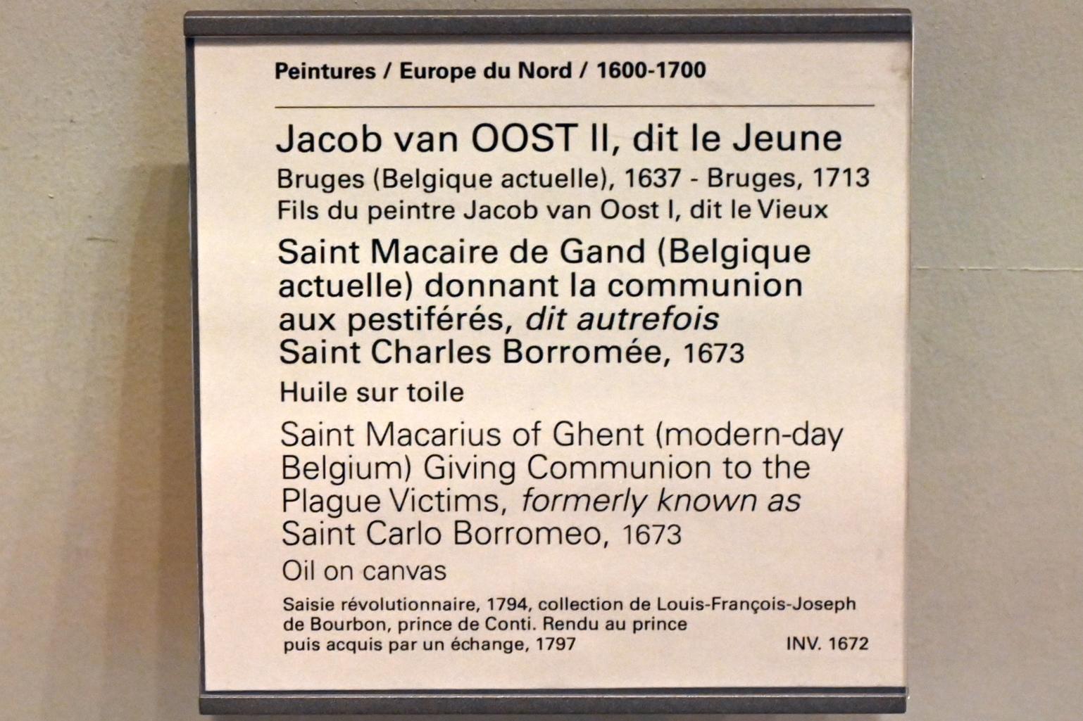 Jakob van Oost der Ältere (1645–1673), Der heilige Makarius von Gent spendet den Pestkranken die Kommunion, Paris, Musée du Louvre, Saal 800, 1673, Bild 2/2