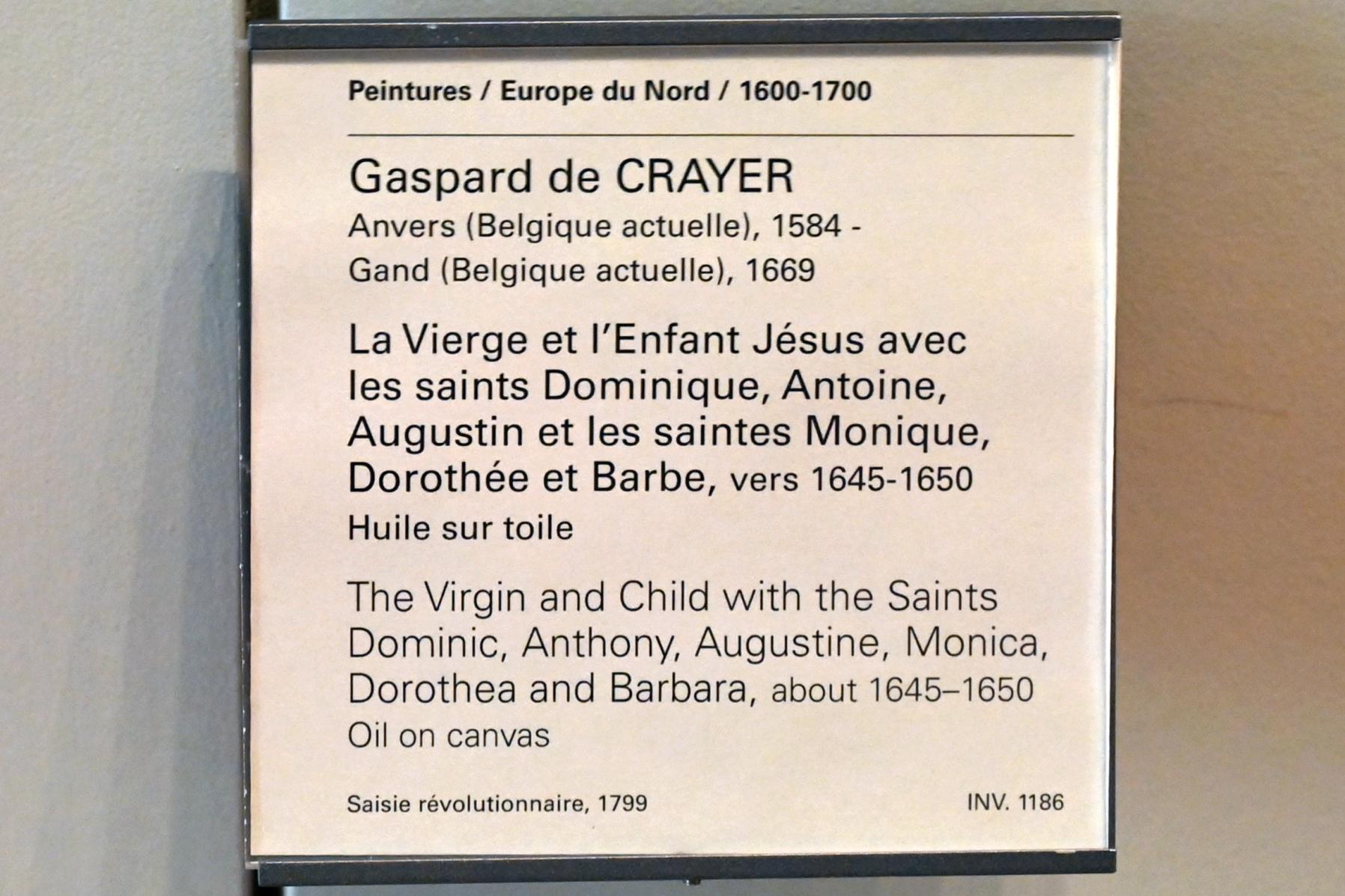 Gaspar de Crayer (1629–1652), Maria mit Kind und den heiligen Dominikus, Antonius, Augustinus, Monika, Dorothea und Barbara, Paris, Musée du Louvre, Saal 800, um 1645–1650, Bild 2/2