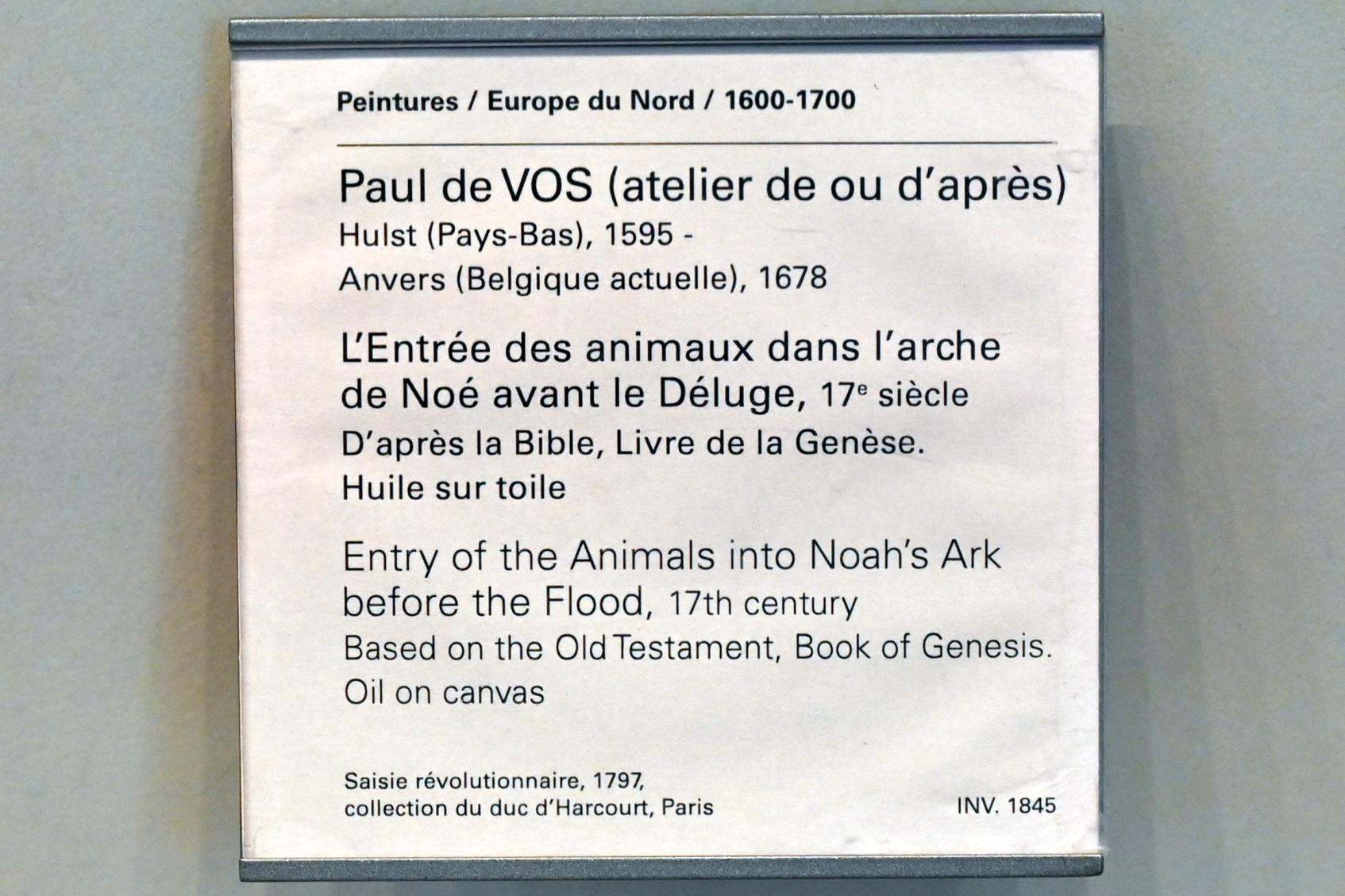 Paul de Vos (Werkstatt) (1650), Einzug der Tiere in die Arche Noah, Paris, Musée du Louvre, Saal 800, um 1650, Bild 2/2
