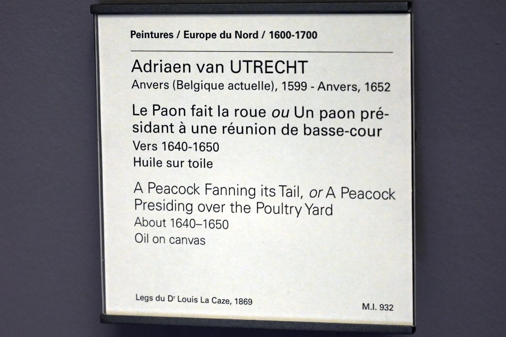 Adriaen van Utrecht (1630–1647), Radschlagender Pfau (Pfau als Leiter eines Geflügelhofs), Paris, Musée du Louvre, Saal 802, um 1640–1650, Bild 2/2