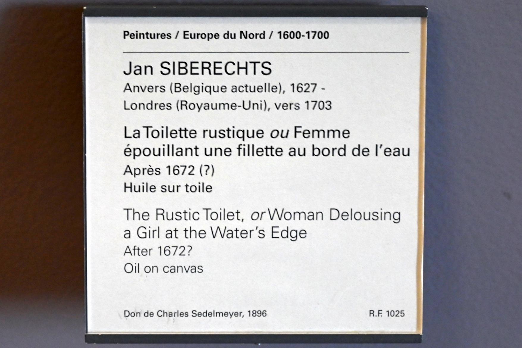Jan Siberechts (1651–1673), Rustikale Toilette (Frau, die ein kleines Mädchen am Rand des Wassers entlaust), Paris, Musée du Louvre, Saal 802, nach 1672, Bild 2/2