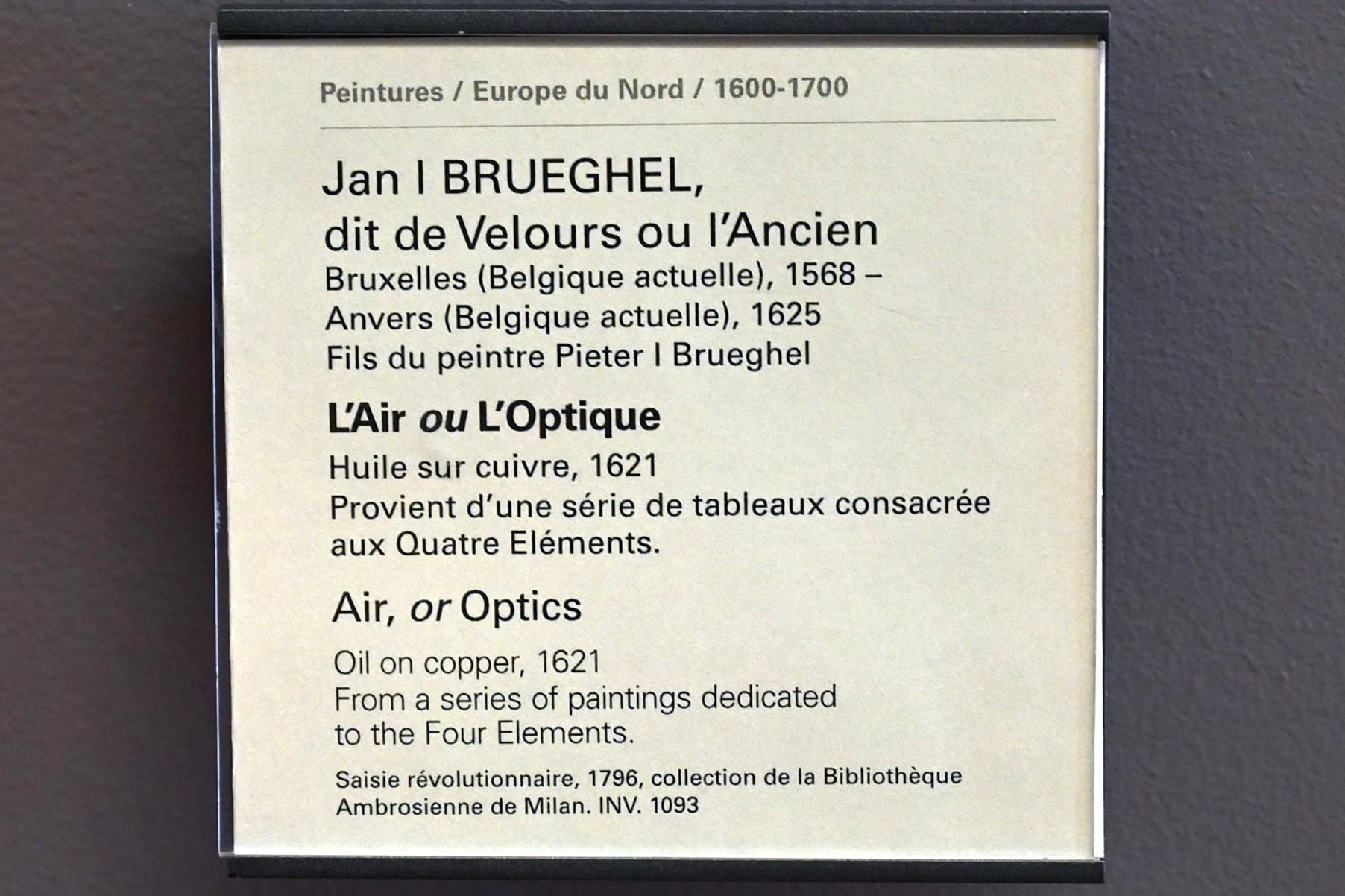 Jan Brueghel der Ältere (Samtbrueghel, Blumenbrueghel) (1593–1621), Luft (Optik), Paris, Musée du Louvre, Saal 802, 1621, Bild 2/2