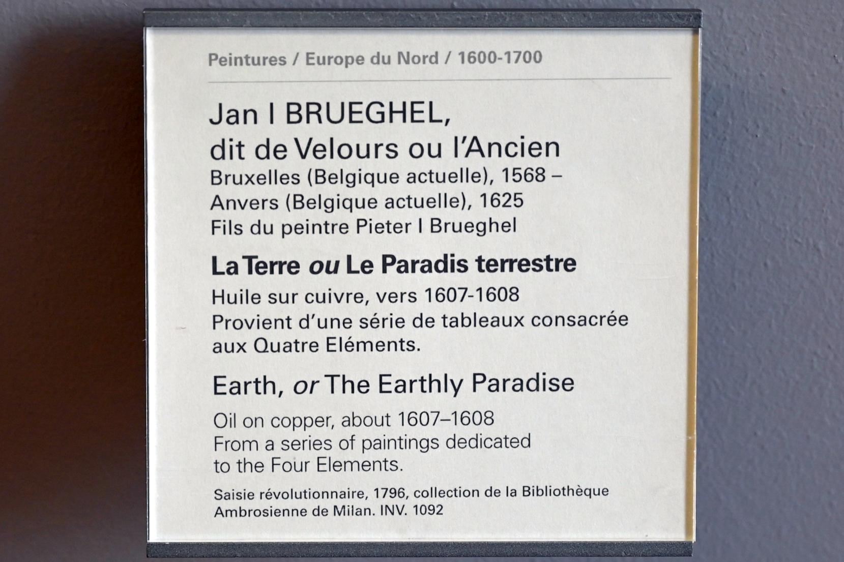 Jan Brueghel der Ältere (Samtbrueghel, Blumenbrueghel) (1593–1621), Die Erde (Das irdische Paradies), Paris, Musée du Louvre, Saal 802, um 1607–1608, Bild 2/2