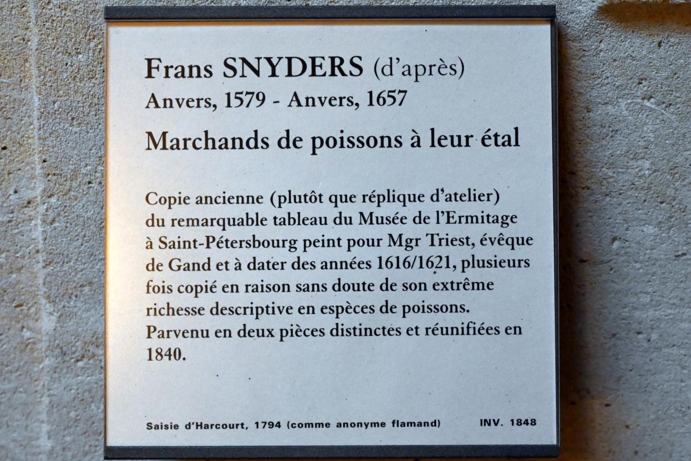 Frans Snyders (Nachahmer) (Undatiert), Fischhändler an ihrem Stand, Paris, Musée du Louvre, Richelieu, Treppenhaus Nord, 2. Stock, Undatiert, Bild 2/2