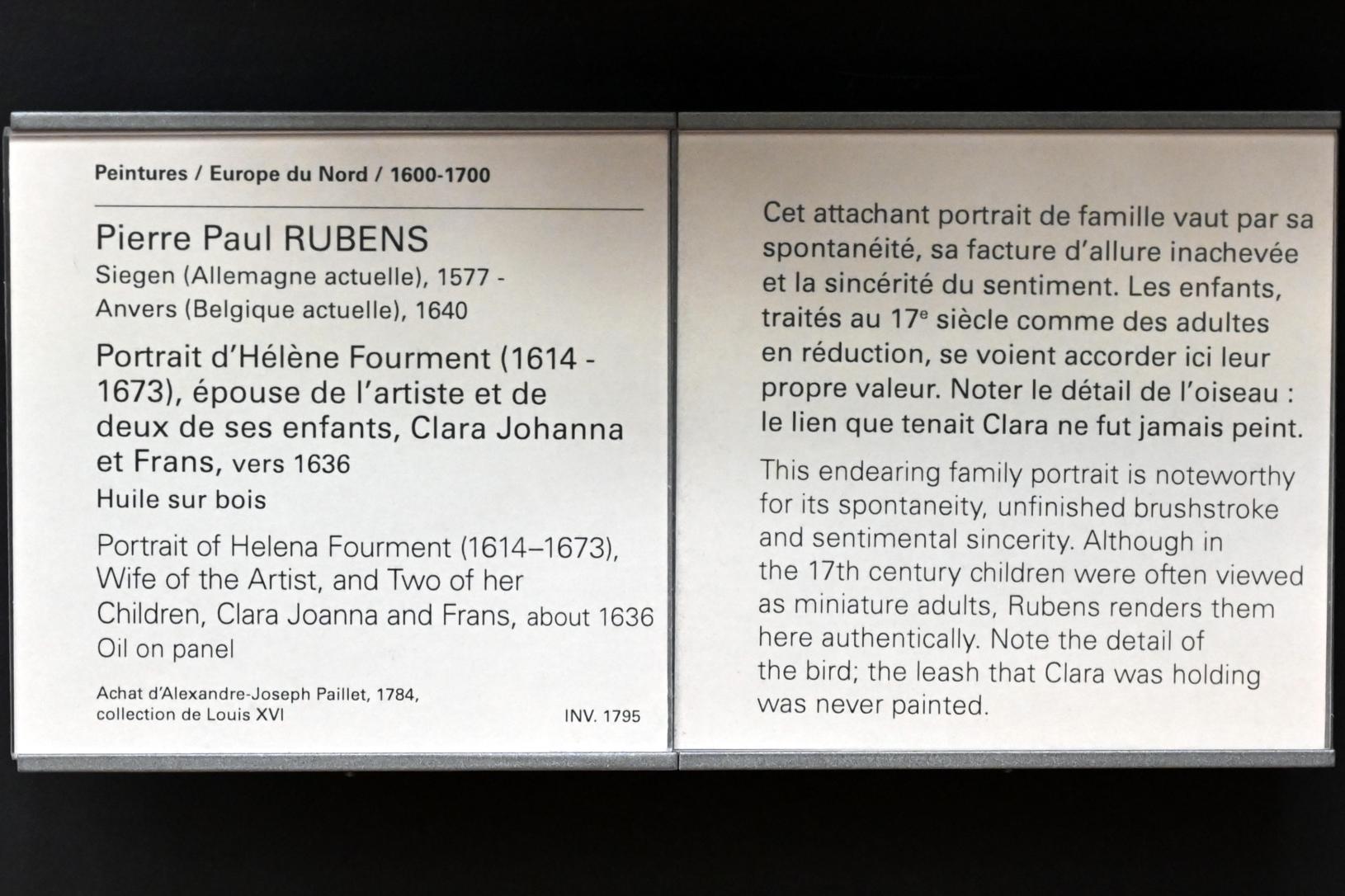 Peter Paul Rubens (1598–1640), Porträt von Hélène Fourment (1614-1673), Ehefrau des Künstlers und zwei seiner Kinder Clara Johanna und Franz, Paris, Musée du Louvre, Saal 855, um 1636, Bild 2/2