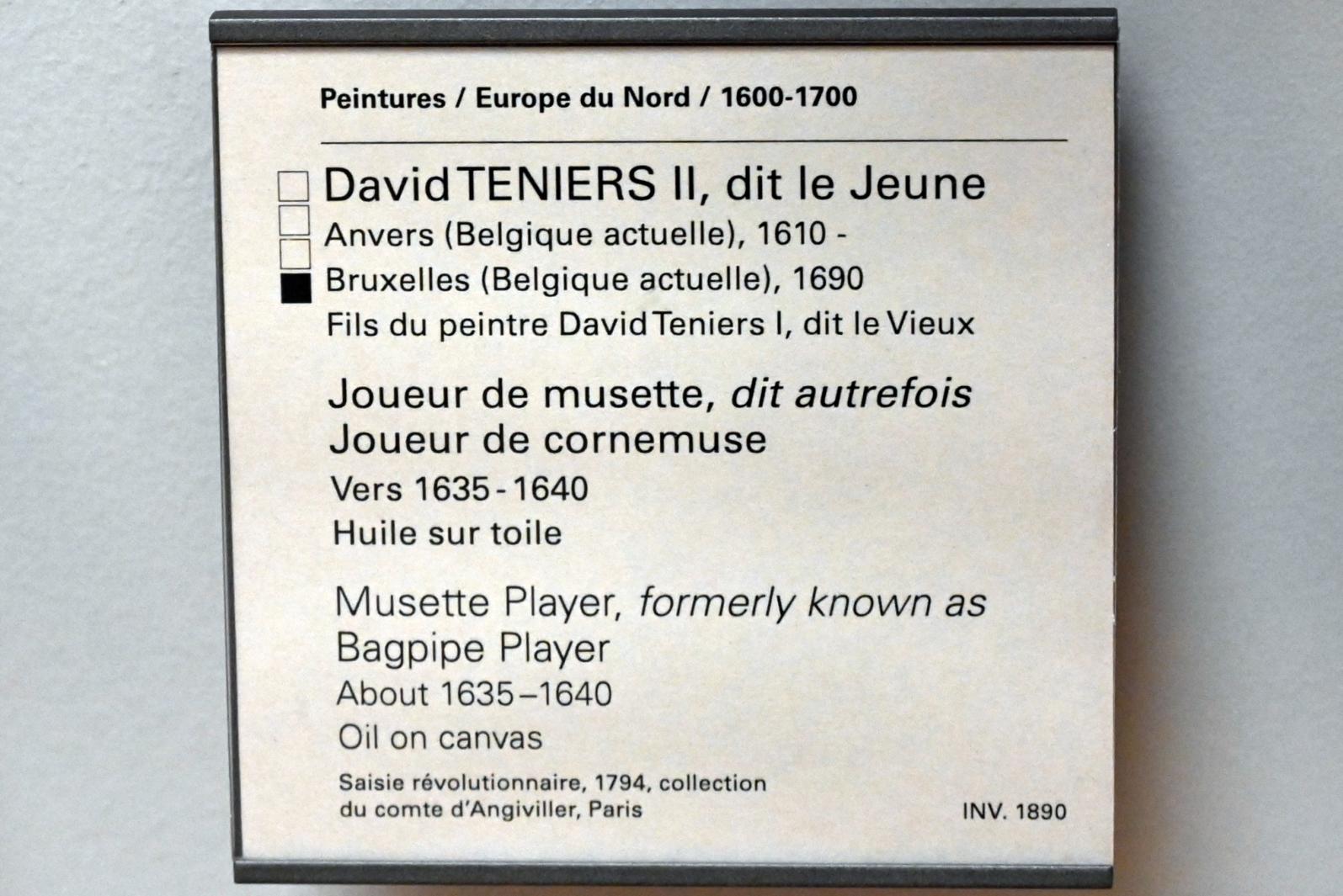 David Teniers der Jüngere (1633–1682), Musette de Cour-Spieler, Paris, Musée du Louvre, Saal 857, 1635–1640, Bild 2/2