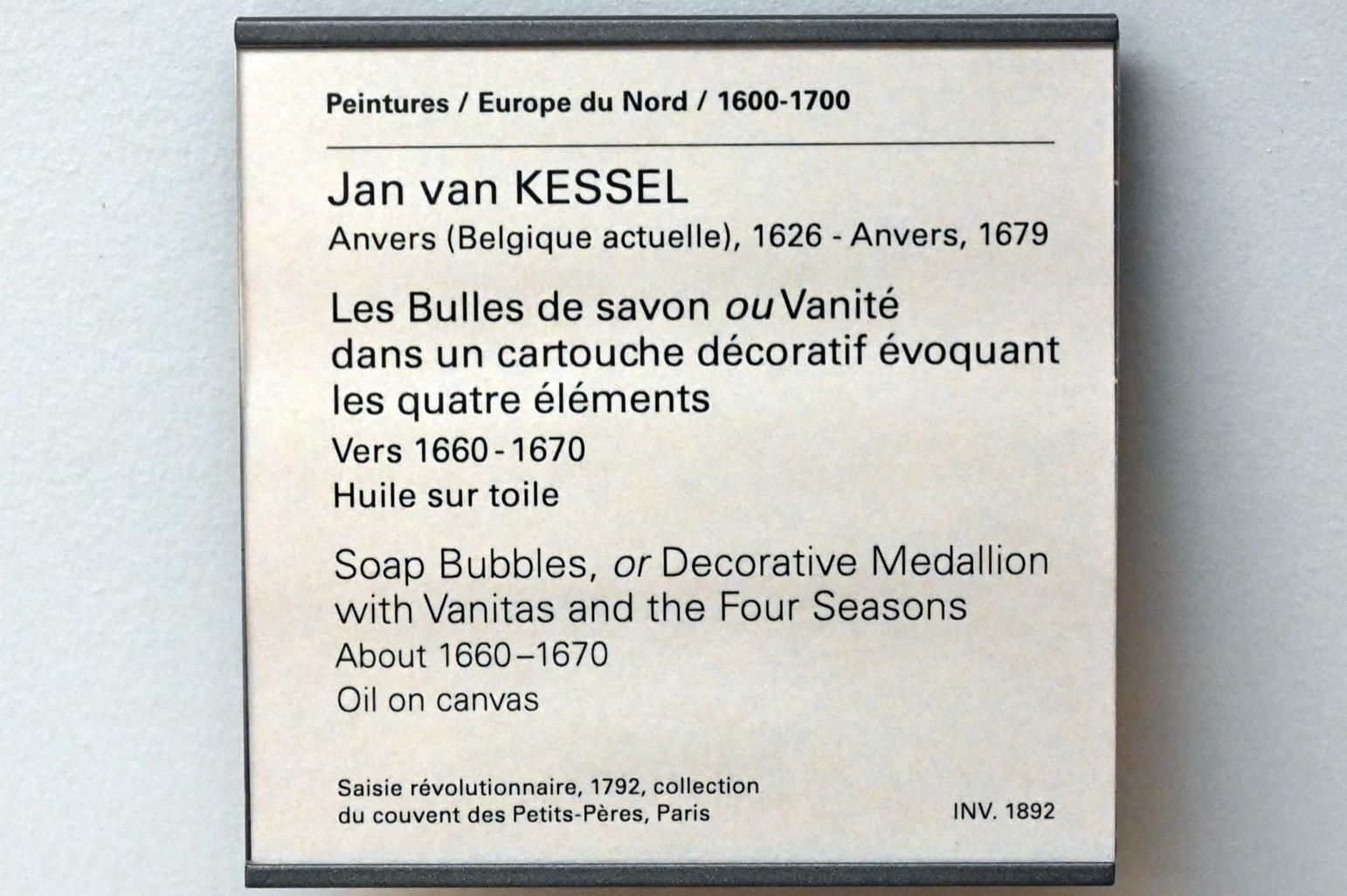 Jan van Kessel (1655–1670), Seifenblasen (Dekorative Kartusche mit Vanitas und den vier Jahreszeiten), Paris, Musée du Louvre, Saal 857, um 1660–1670, Bild 2/2