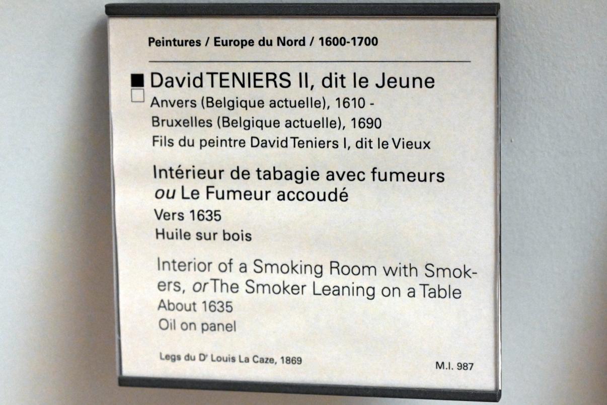 David Teniers der Jüngere (1633–1682), Interieur eines Raucherzimmers mit Rauchern (Der Raucher am Tisch), Paris, Musée du Louvre, Saal 857, um 1635, Bild 2/2
