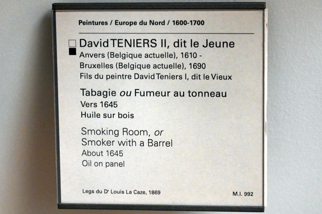 David Teniers der Jüngere (1633–1682), Raucherzimmer (Raucher auf einem Fass sitzend), Paris, Musée du Louvre, Saal 857, um 1645, Bild 2/2