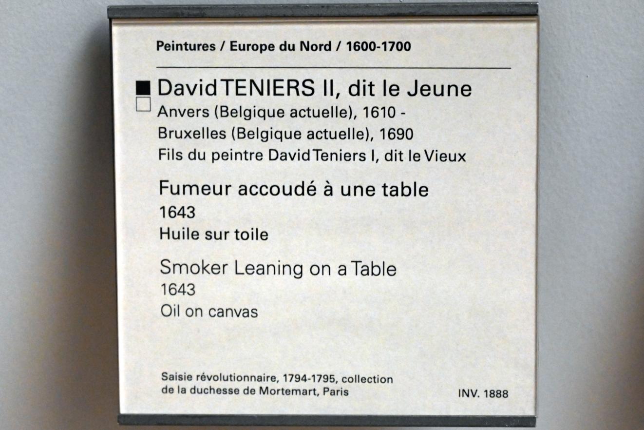David Teniers der Jüngere (1633–1682), Raucher an einem Tisch, Paris, Musée du Louvre, Saal 857, 1643, Bild 2/2