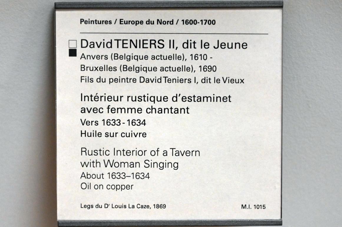 David Teniers der Jüngere (1633–1682), Rustikales Interieur einer Taverne mit Sängerin, Paris, Musée du Louvre, Saal 857, um 1633–1634, Bild 2/2