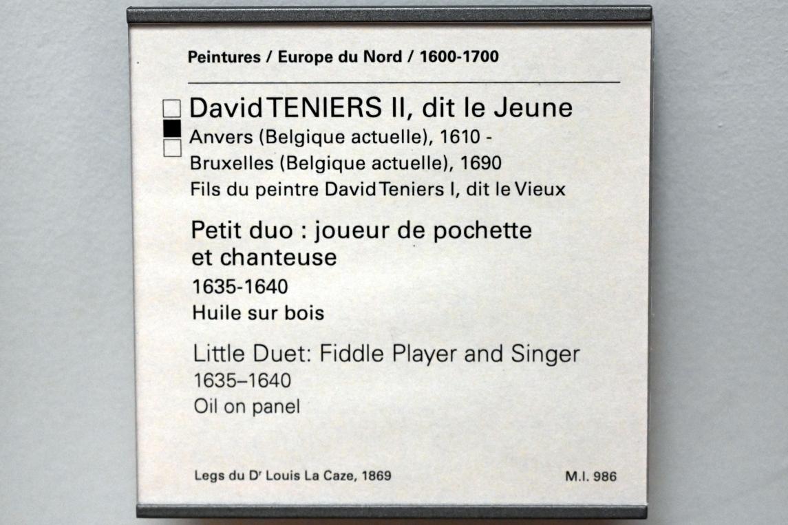 David Teniers der Jüngere (1633–1682), Kleines Duett: Geigenspieler und Sängerin, Paris, Musée du Louvre, Saal 857, 1635–1640, Bild 2/2